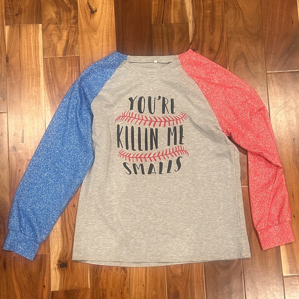 Women’s Raglan Baseball Tee - Blue, Red, and Gray - You’re Killin Me Smalls